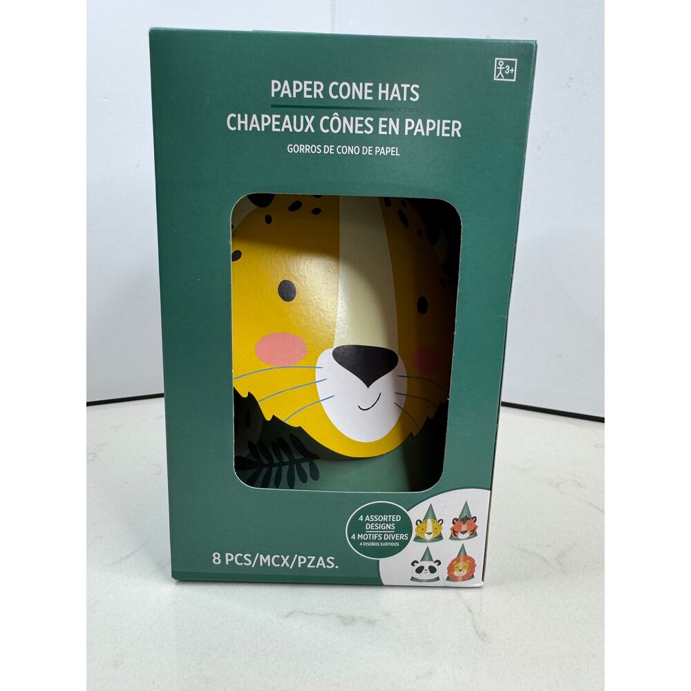 Amascon Paper Cone Party Hats 4 Designs - Lion Tiger Panda Cheetah NIB